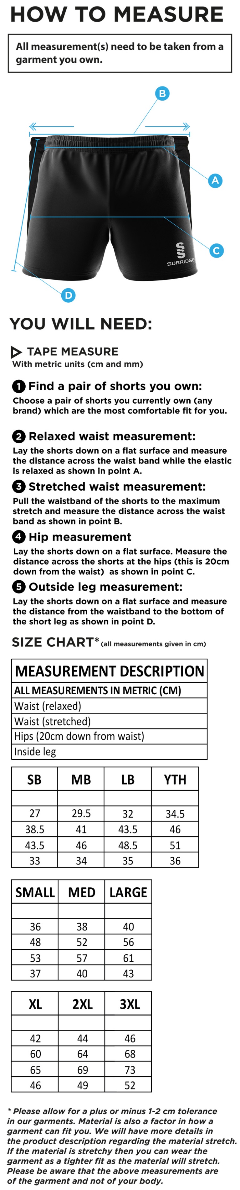 Cavaliers Cricket Club Dual Gym Shorts - Size Guide
