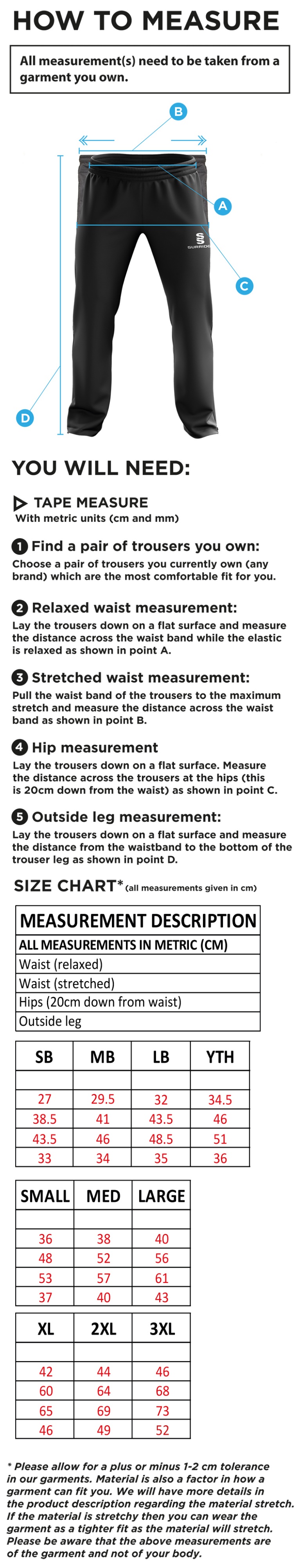 Cavaliers Cricket Club Ripstop Track Pant - Size Guide