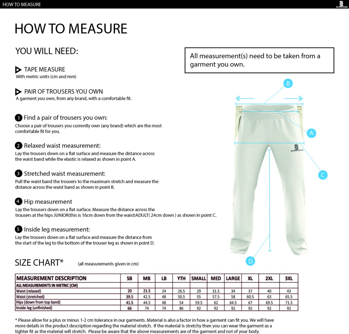 Cavaliers Cricket Club Standard Fit Cricket Trousers - Size Guide