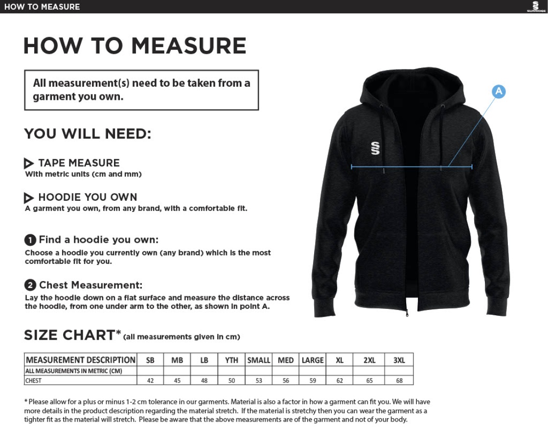 Cavaliers Cricket Club Dual Bonded Full Zip Hoody - Size Guide