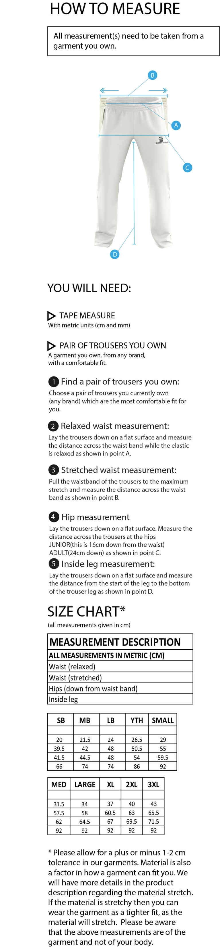 Cavaliers Cricket Club Standard Fit Cricket Trousers - Size Guide