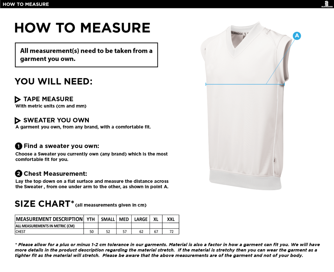 Cavaliers Cricket Club Curve Sleeveless Sweater - Size Guide