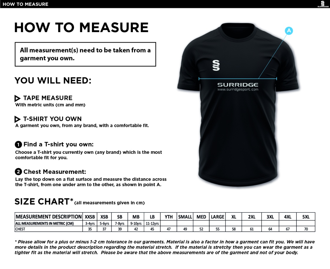 Cavaliers Cricket Club Dual Games Training Shirt - Size Guide