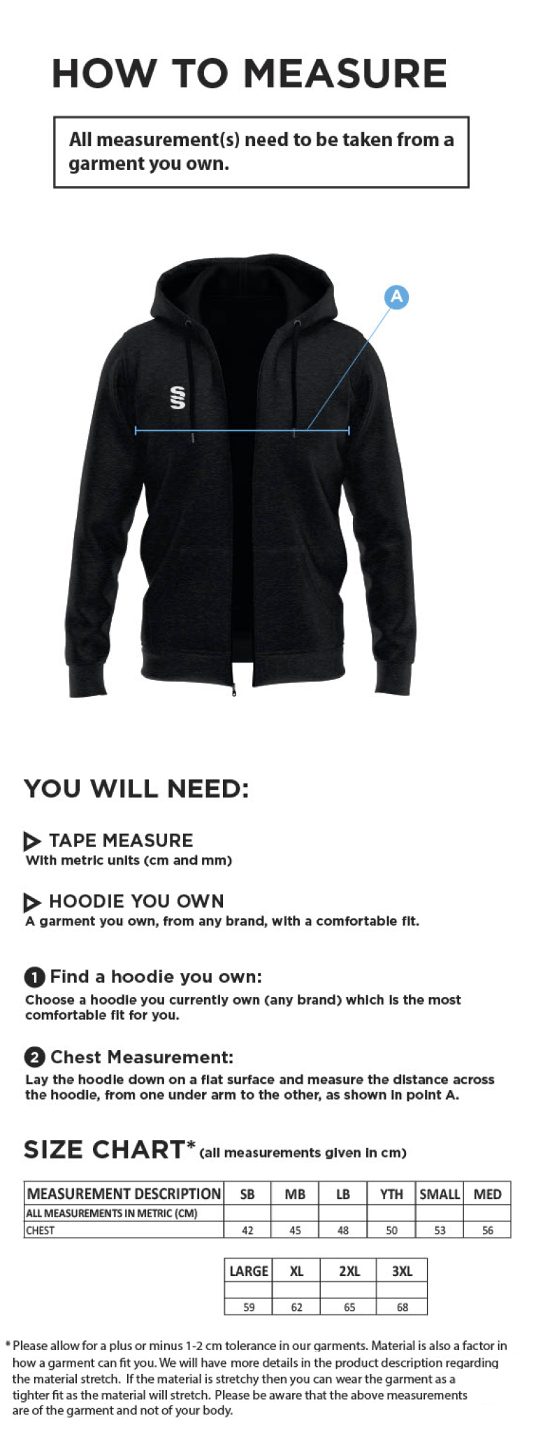 Cavaliers Cricket Club Dual Bonded Full Zip Hoody - Size Guide