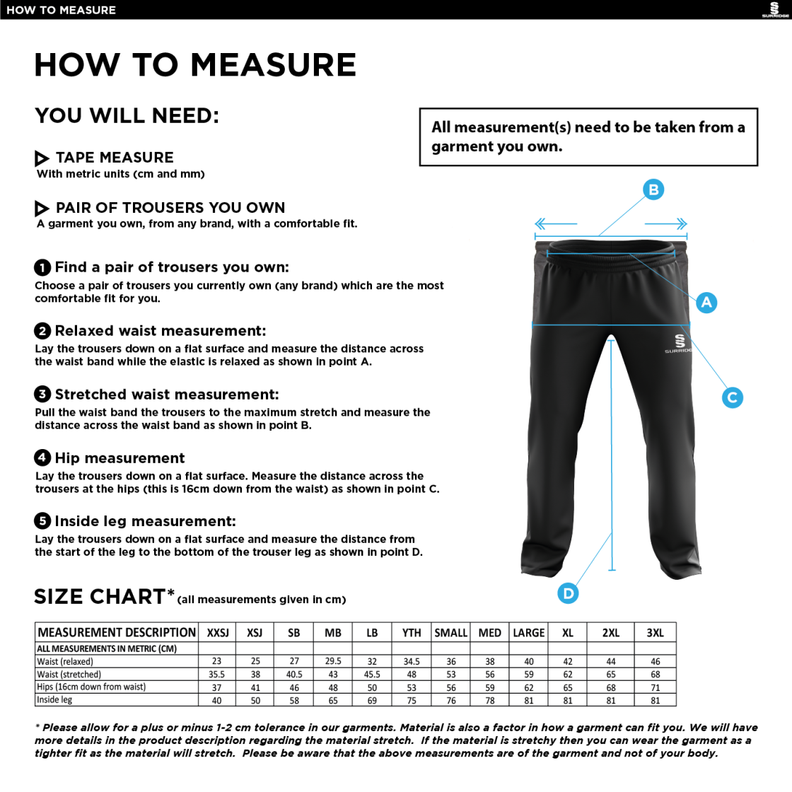 Cavaliers Cricket Club Poplin Track Pant - Size Guide