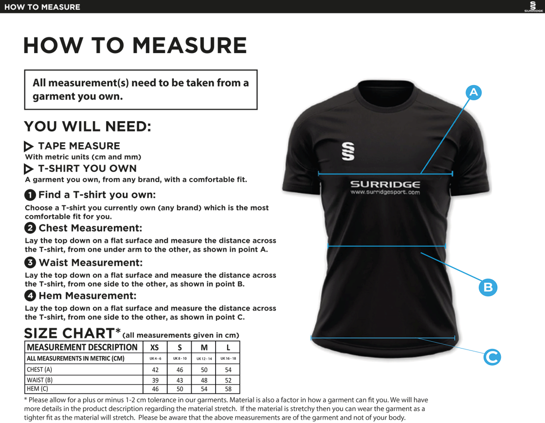 Cavaliers Cricket Club Women's Dual Polo Shirt - Size Guide