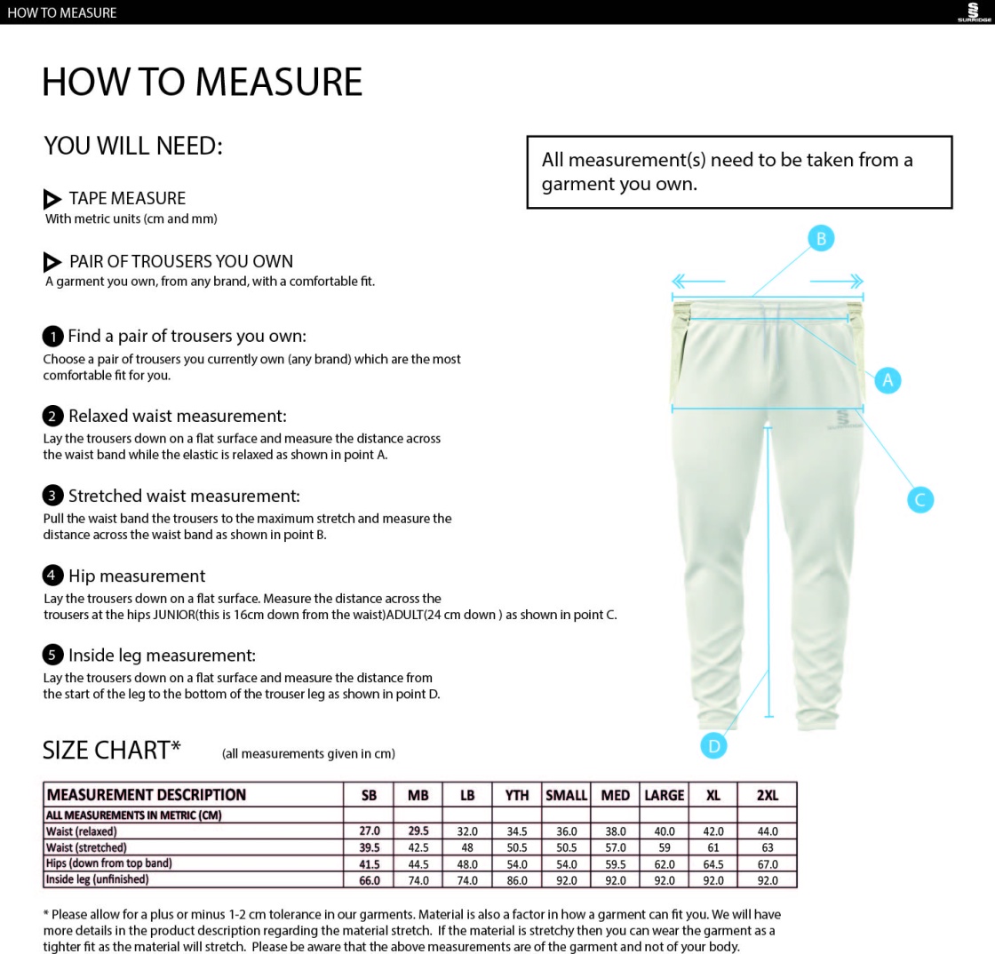 Cavaliers Cricket Club Tapered Fit Cricket Trousers - Size Guide