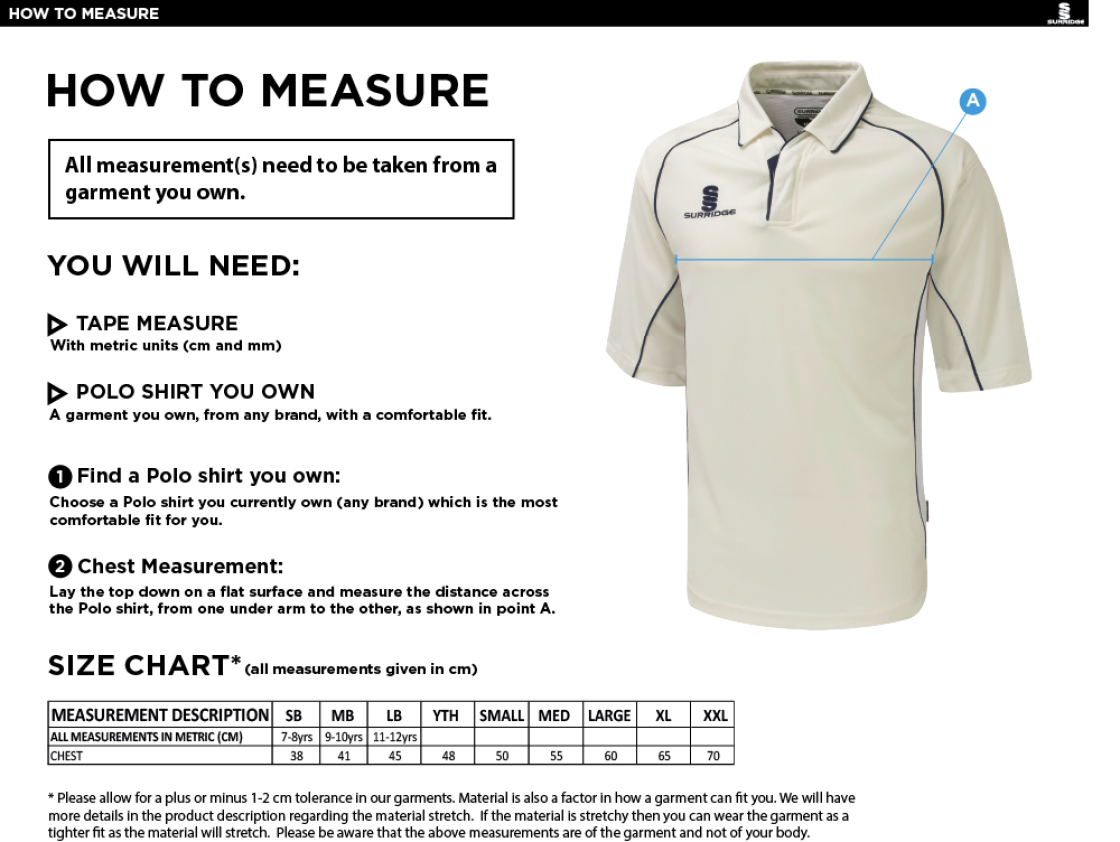 Cavaliers Cricket Club Premier 3/4 Sleeve Playing Shirt - Size Guide