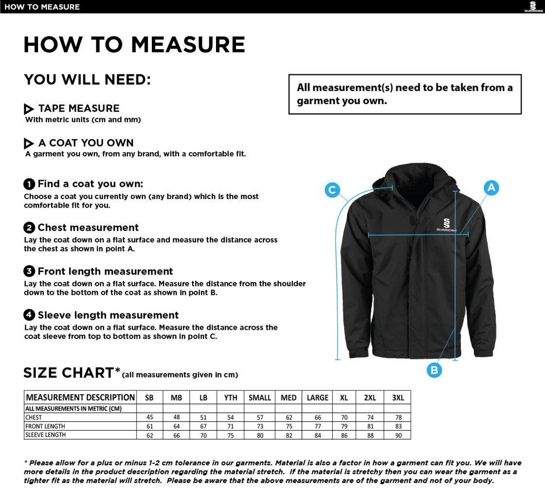 Cavaliers Cricket Club Fleeced Line Jacket - Size Guide