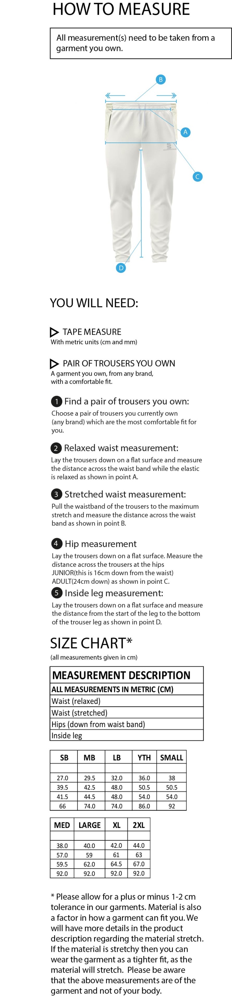 Cavaliers Cricket Club Tapered Fit Cricket Trousers - Size Guide
