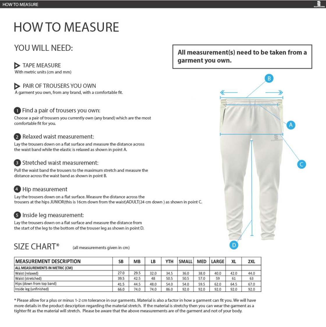 Pre-order - League Cricket Trousers - Size Guide