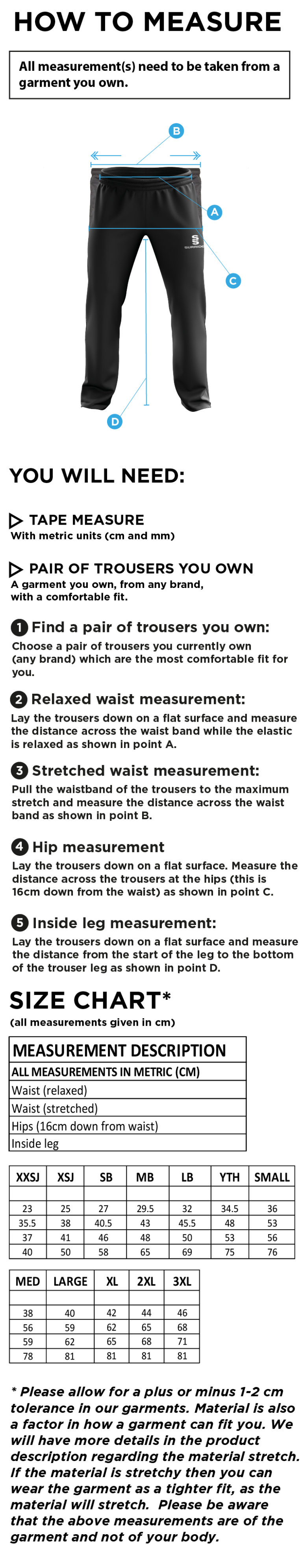 Cavaliers Cricket Club Poplin Track Pant - Size Guide