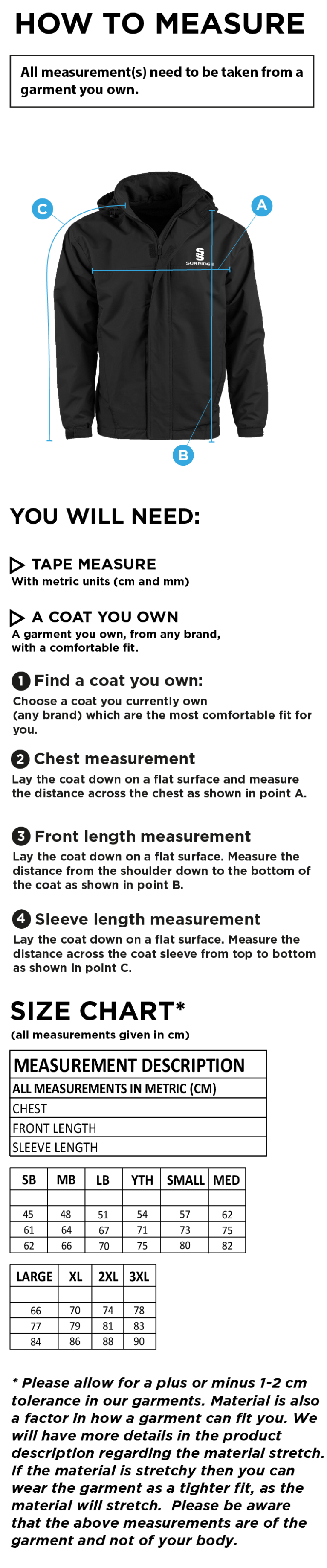 Cavaliers Cricket Club Fleeced Line Jacket - Size Guide